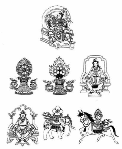 也叫吉祥八宝,由海螺,宝伞,胜利幢,法轮,妙莲,双鱼,吉祥结,宝瓶八个