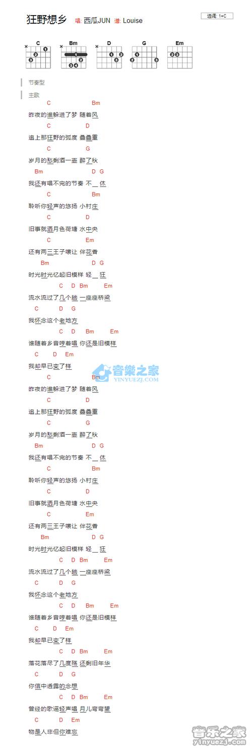 狂野想乡吉他谱c调版西瓜jun