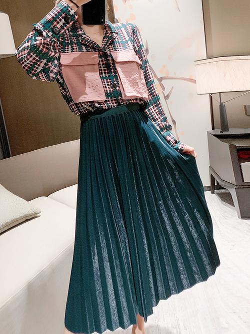 字母腰百褶裙2019新款半身裙a字裙高腰女秋冬中长款复古时尚长裙