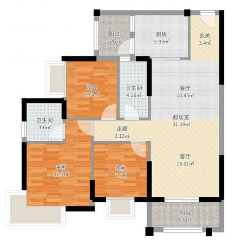 朝南维港半岛3室0厅2卫1厨100.00㎡户型图