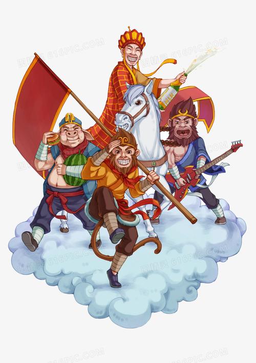 的人人拿手机二十四孝人师徒四人pngpsd手绘卡通唐僧西天取经师徒四