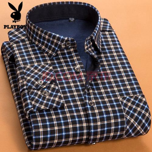 花花公子 秋冬季加厚加绒保暖衬衫男士格子衬衫男长袖韩版修身衬衣男