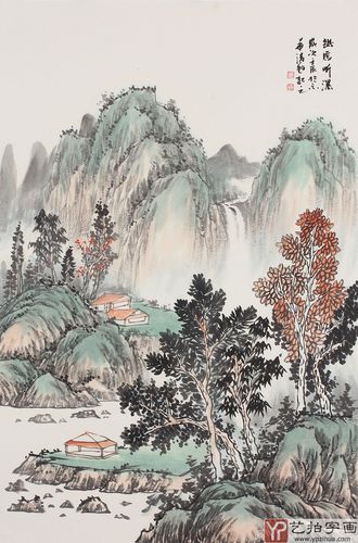 曲胜利写意山水画四尺三开《幽居听瀑》