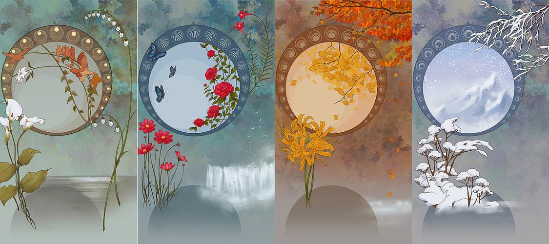 之前为一款画风华丽的手机游戏画的装饰背景图,这套图画于2017年