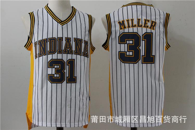 复古篮球衣 步行者31雷吉米勒miller 白条纹球衣三色拼刺绣