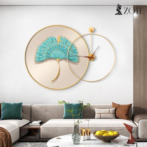 简约轻奢餐厅装饰画挂钟表挂画背景墙壁画现代客厅时钟玄关银杏叶