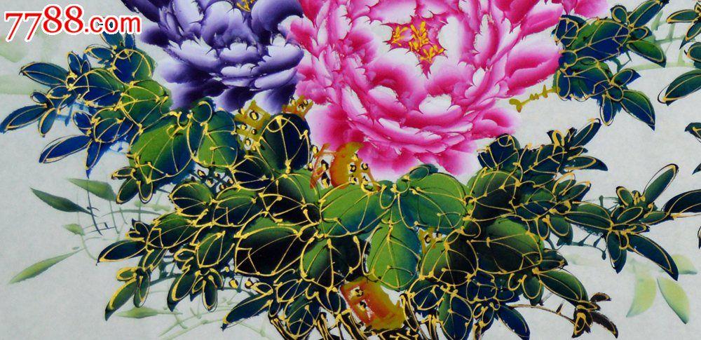 小六尺描金牡丹画《一堂富贵》hn0905