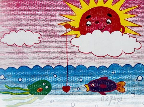 儿童画太阳公公去钓鱼