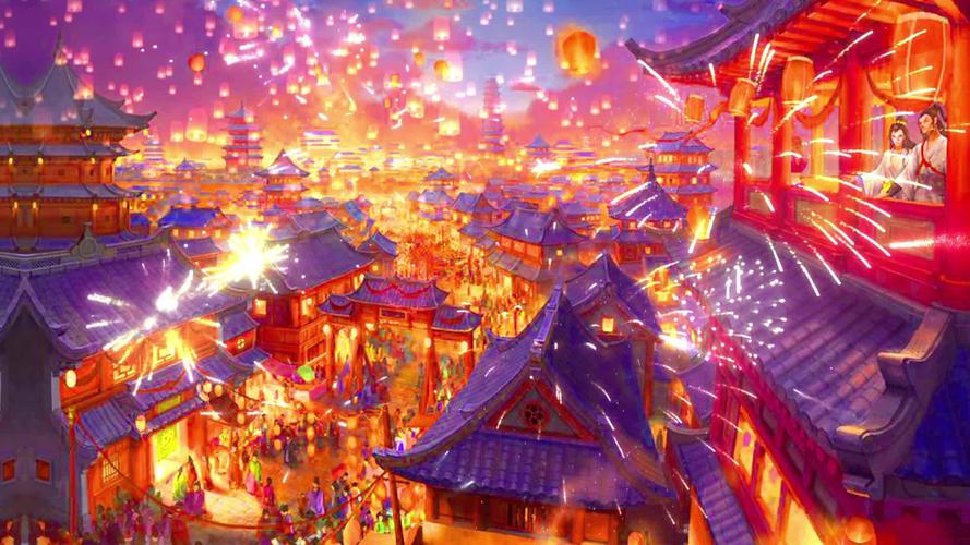 古代元宵节赏花灯孔明灯热闹街景节日视频