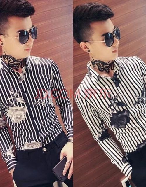 网红衬衫男长袖修身韩版潮流发型师紧身寸衫社会小伙条纹衬衣无双至京