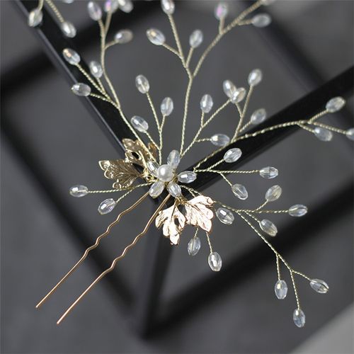 新娘手工发叉头饰水晶米珠花枝发簪二件套结婚纱配饰编发插针9141