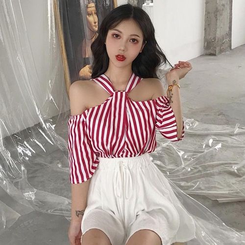 购客网红同款 主播服装 女直播上镜衣服甜美气质性感挂脖少女条纹上衣