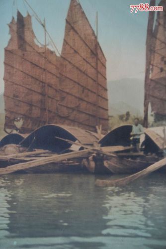 民国江里的三艘帆船特大手工上彩原版老照片上海代表团照片社扩印