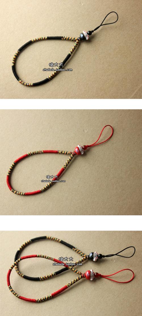 猪大大套手腕手机链招财陶瓷猫纯手工五彩绳编织黑绳手机挂绳辟邪