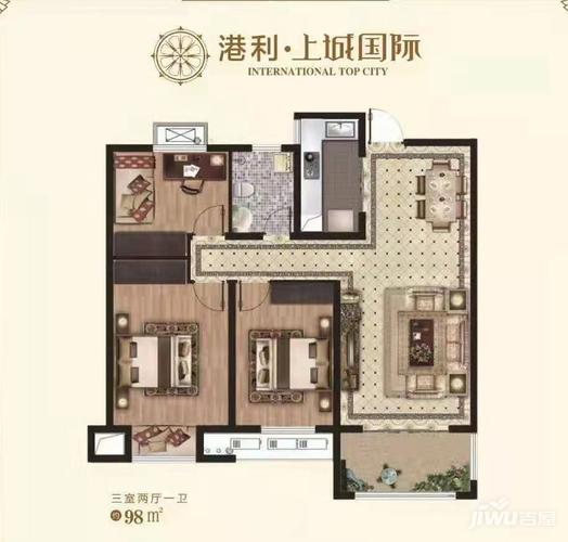 淮北港利上城国际98㎡户型户型图_首付金额_3室2厅2卫_98.