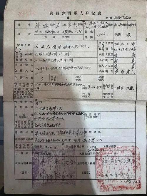 蒋诚的复员建设军人登记表(图片来源:中国国防报)