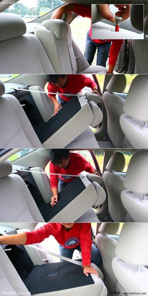 卡罗拉的后排座椅可以按比例放倒,我们来看一看后排座椅是如何放倒