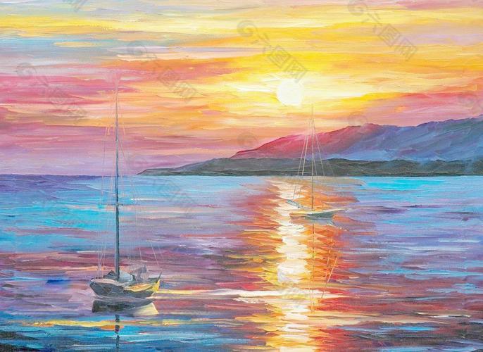 油画 海湾日落图片_山水风景画_装饰素材_图片编号_六