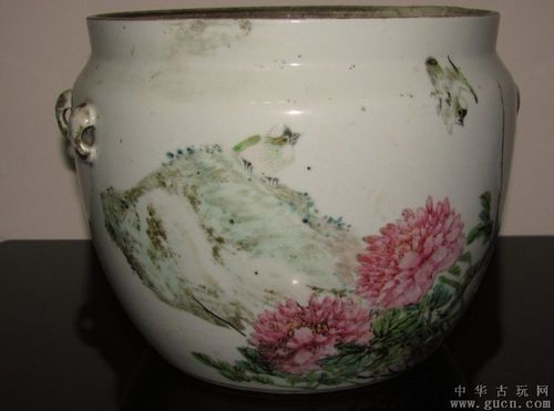 光绪浅绛名家张子英花鸟山石纹粥罐