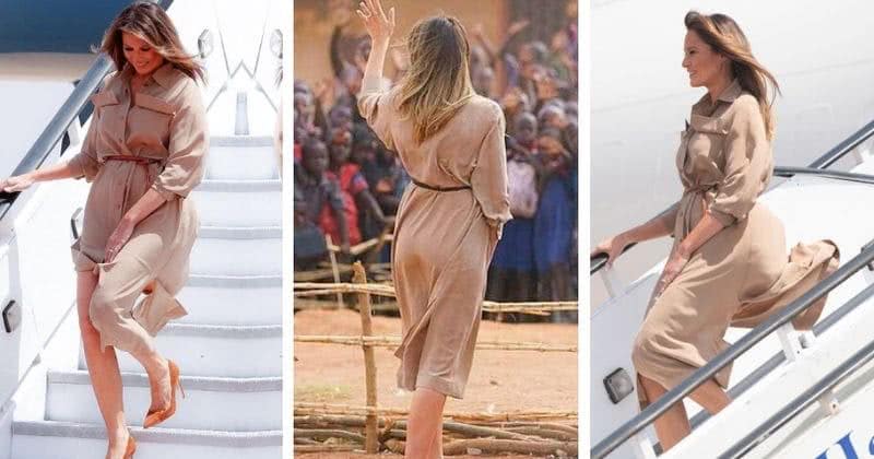 梅拉尼娅穿裹身蕾丝半裙尽显超模身材,大风吹乱秀发