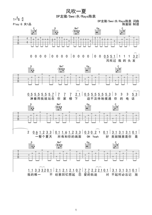 dp龙猪&swei水&rays陈袁-风吹一夏吉他谱六线谱c调