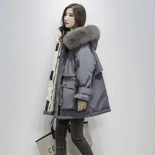 派克服女中长款韩版2020新款羽绒棉服女宽松加厚大毛领棉衣外套