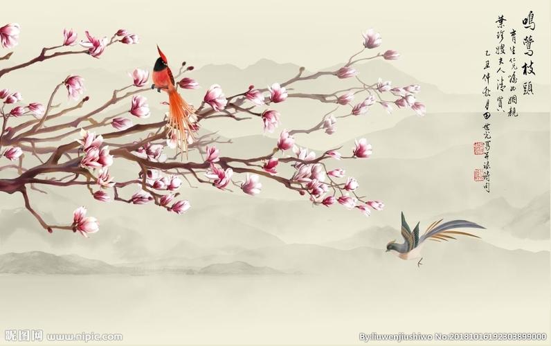 喜上眉梢新中式背景墙图片