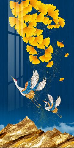 花纹图案-吉祥招财轻奢金山瑞鹤银杏叶花纹图案家居数码图案