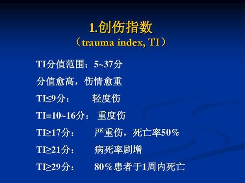 创伤指数 (trauma index, ti) ti分值范围:5~37分 分值愈高,伤情愈重