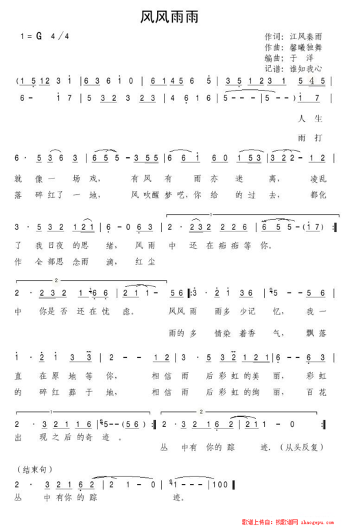 风风雨雨_风风雨雨简谱_风风雨雨吉他谱_钢琴谱-查