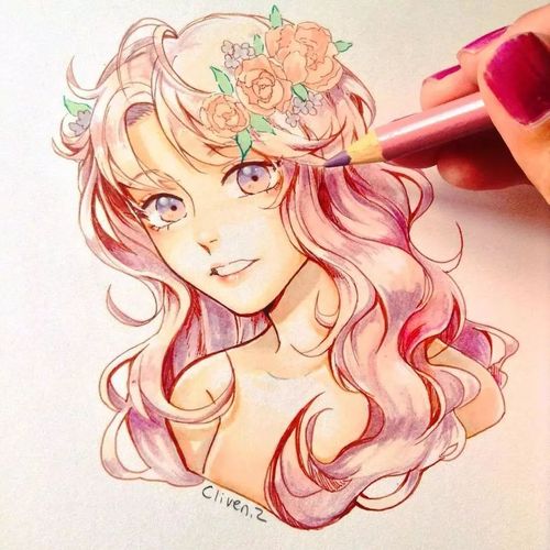 铅笔画的动漫素描少女,元气满满,每个人物都很有气质!