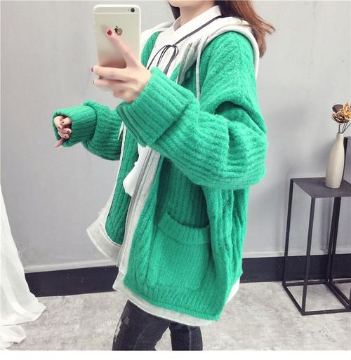2019春秋韩版假两件卫衣拼接短款毛衣开衫外套女连帽很仙的针织衫