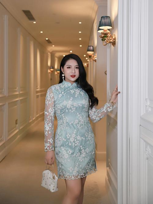 青春大码女装新春胖mm复古名媛蕾丝少女高腰改良版旗袍连衣裙7046