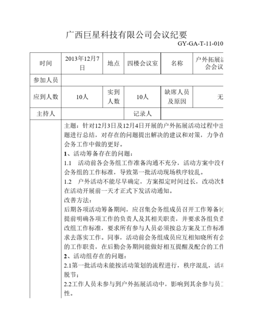 户外拓展活动总结会会议纪要