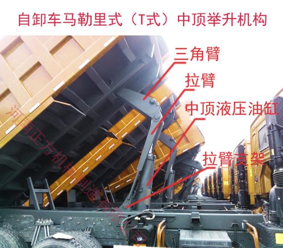 自卸车马勒里式(t式)举升机构—中顶液压油缸,三角臂