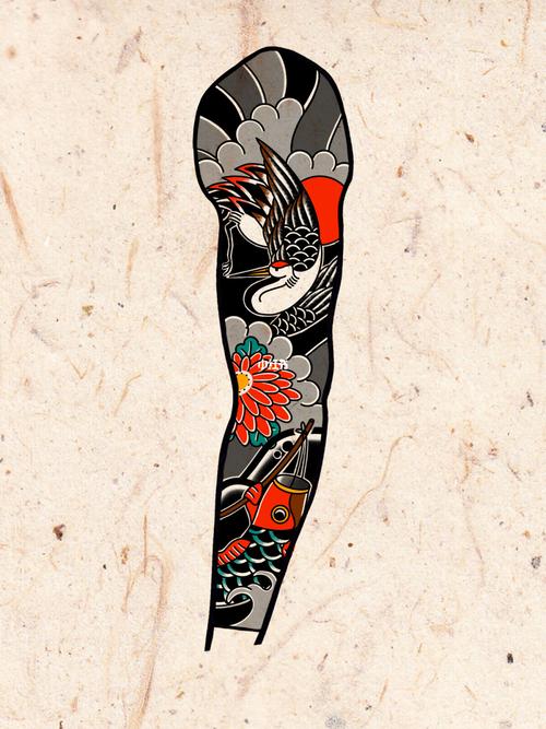 纹身手稿|仙鹤鲤鱼旗_纹身_鲤鱼_观前街攻略_观前街_花臂_我的纹身