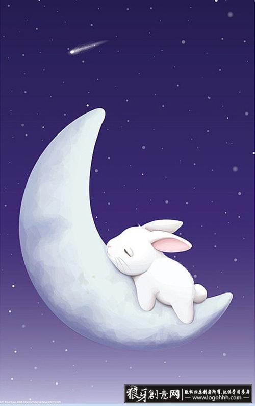 插画创意设计作品 流星元素星空插画 创意立体中秋节白色玉兔月亮插画