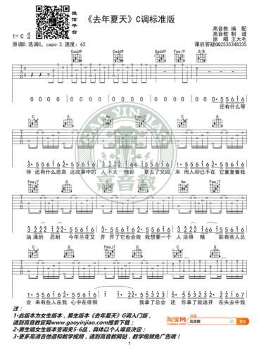 去年夏天吉他谱_王大毛_c调女生版_抖音翻唱