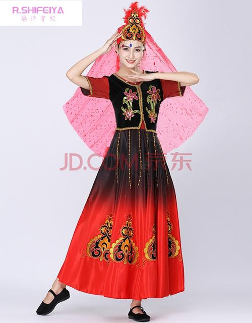 新款新疆维吾尔族舞蹈演出服装女少数民族表演服开场舞大摆裙成人黑红