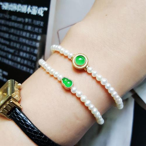 珍珠翡翠手链汉桑原创天然18k金镶嵌镶嵌缅甸手饰