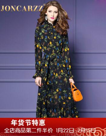 简卡姿时尚印花连衣裙女2018春装新款欧美气质优雅女装系带修身中长款