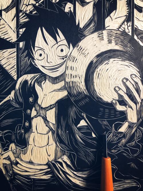 手工雕刻海贼王黑白木刻版画动漫