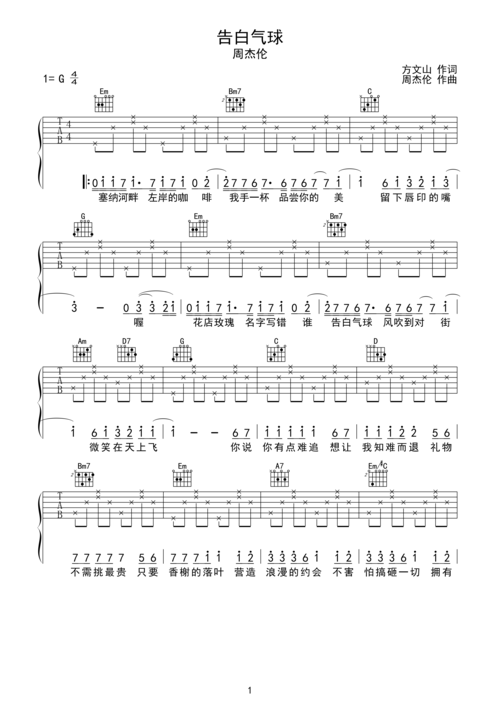tsnh - 告白气球g调六线吉他谱-虫虫吉他谱免费下载