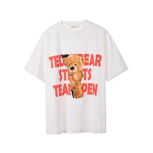 yorainbow21ss夏季国潮牌新品卡通小熊趣味t恤情侣装白色宽松短袖