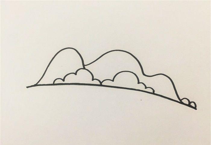 1,首先画出一条地平线,往上画出远山与草丛的轮廓.家乡简笔画教程