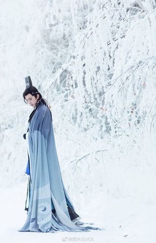 雪地里,谦谦君子,蓝色披风,古装古风发型