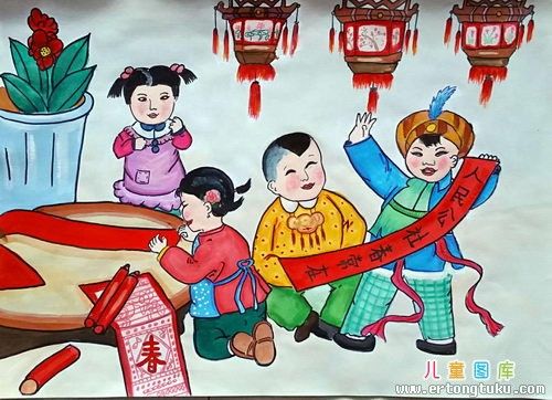 儿童水粉画特别金奖作品:过年,参赛年龄9岁