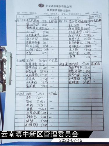 滇中管委会食堂   菜品留样记录登记表!