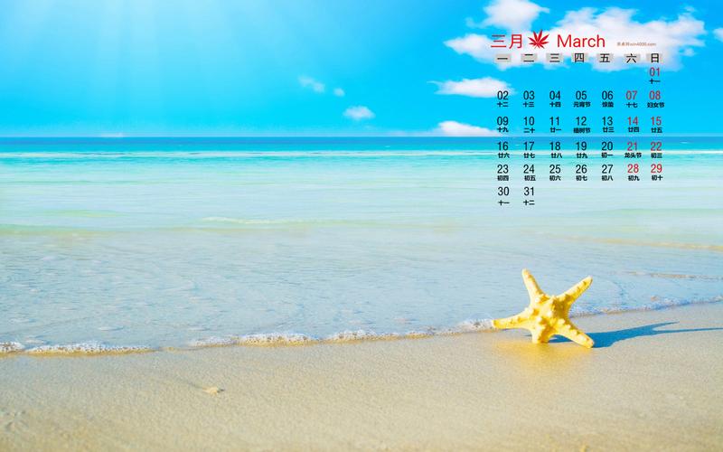 2015年3月日历壁纸好看的梦幻沙滩大海边的海星唯美风景图片高清下载
