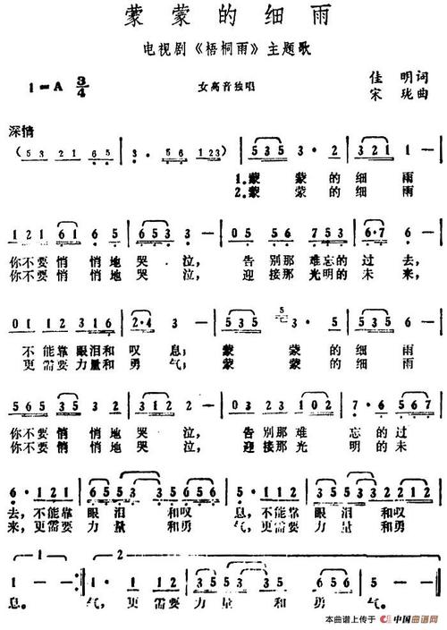 蒙蒙的细雨电视剧梧桐雨主题歌其他曲谱简谱